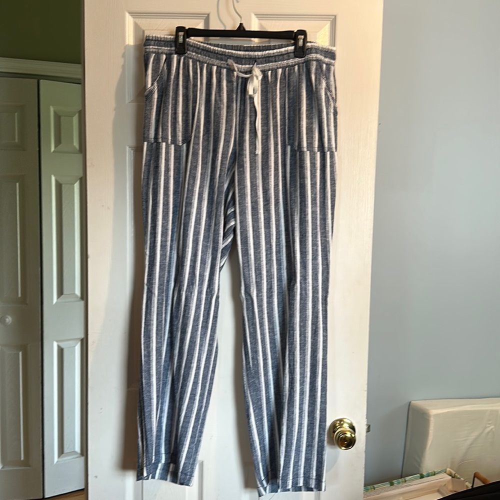 Blue and white striped linen pants